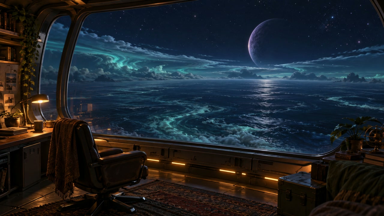 Stillmere, a quiet science-fiction interior overlooking a distant planet, from Lanterns Beyond