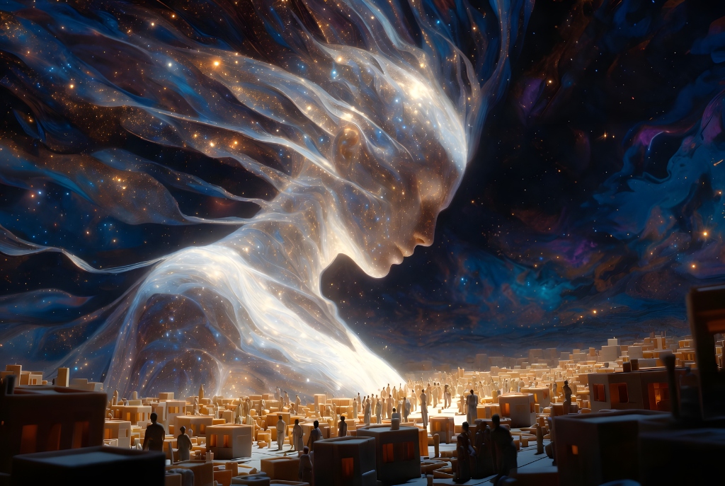 VAEL-9 Plastic Town artwork with a glowing cosmic figure and a city below
